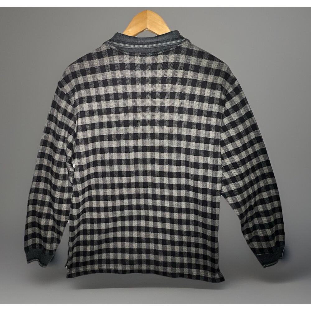 Knightsbridge Black Gray Plaid Knit Longsleeve Polo Shirt Mens M Contrast Trim - Picture 8 of 10